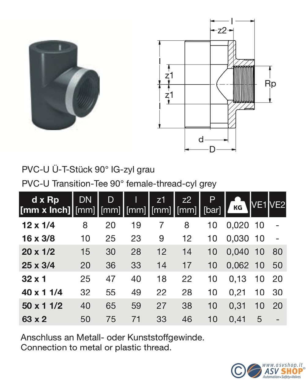 dimensionale Tee PVC filetto femmina con anello di rinforzo