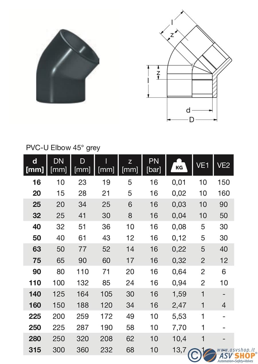 gomito in PVC-U 45° disegno